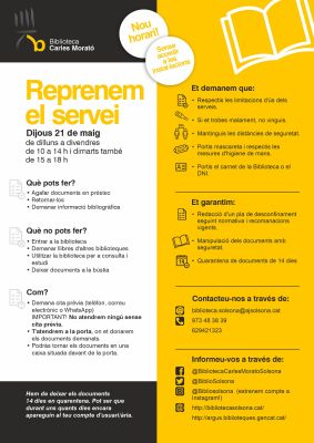 La biblioteca solsonina reprèn aquest dijous el servei de préstec i retorn de documents