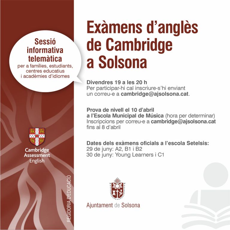 La regidoria d’Educació organitza divendres una sessió informativa sobre els exàmens de Cambridge a Solsona 